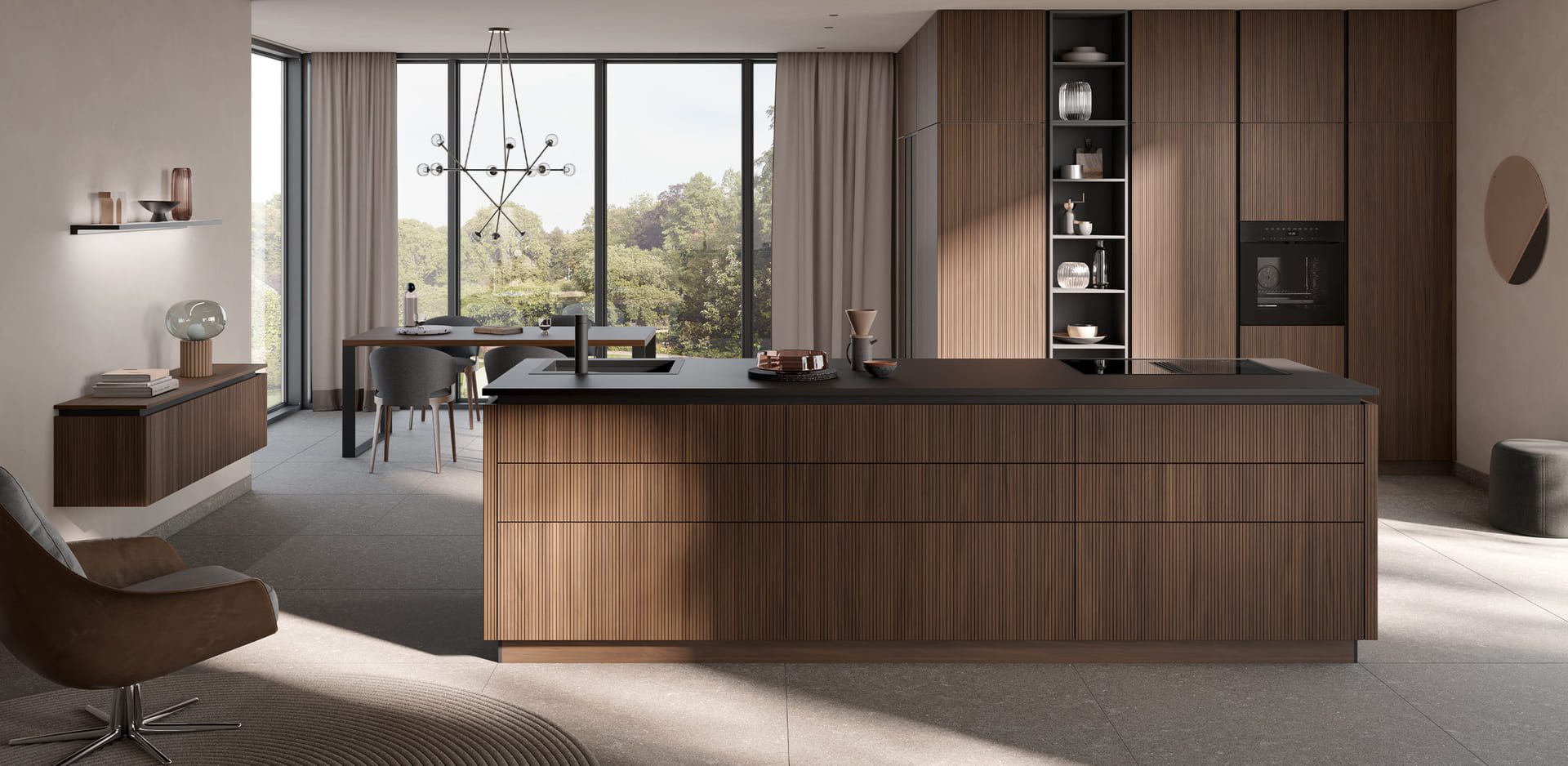 AV 6023 Noyer Élégant - Style Rétro Épuré | Cuisine ouverte | Cuisiniste île-de-France