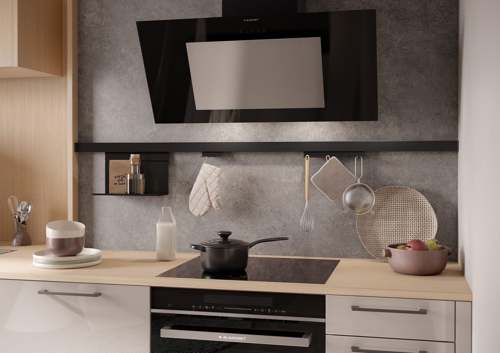 Cuisine-linéaire-Hotte-inclinée-collection-concept-130-häcker-cuisine-privee-cachemire-et-MONTREAL-chêne-fin-naturel