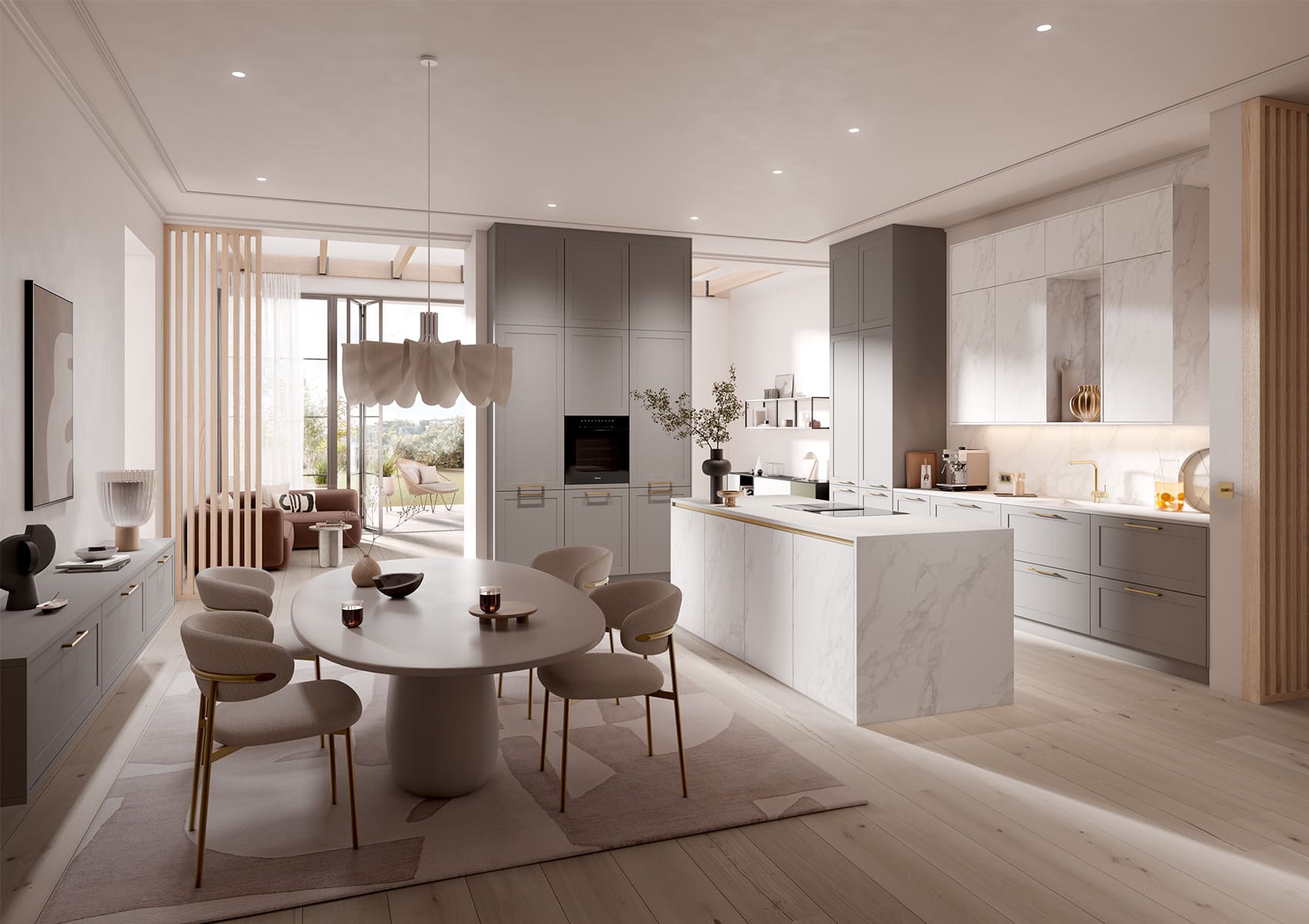 Cuisine-avec-îlot-central-colonne-collection-systemat-cuisine-privee-AV-8000-GL-Calacatta