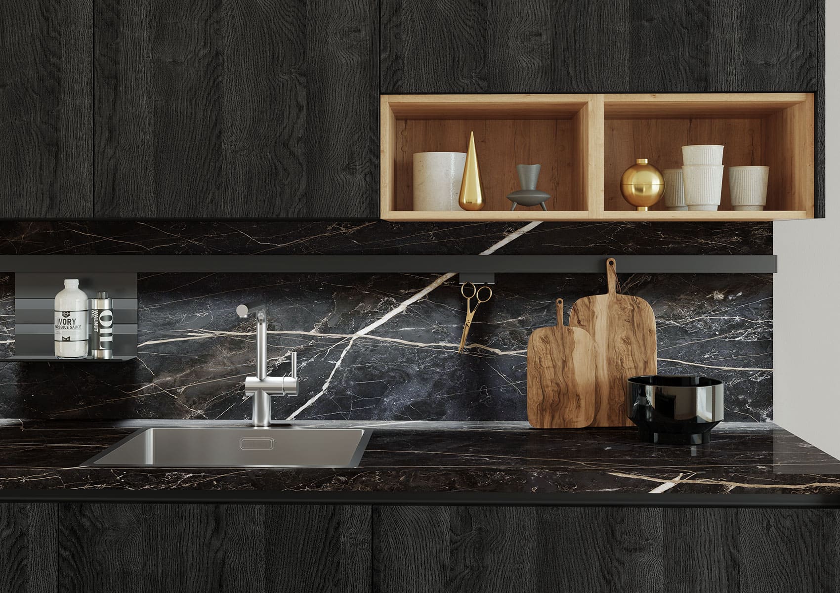 Cuisine-plan-de-travail-effet-marbre-collection-concept-130-häcker-cuisine-privee-TORONTO-GL-chêne-noir