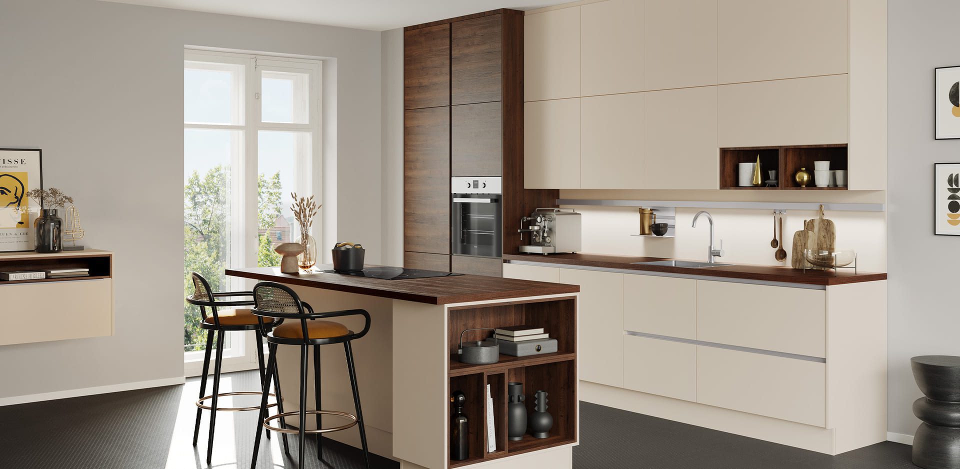 Cuisine-îlot-central-collection-concept-130-häcker-cuisine-privee-VANCOUVER-GL-chêne-ancien-cognac-PERFECT-SOFT-GL-crème-magnolia