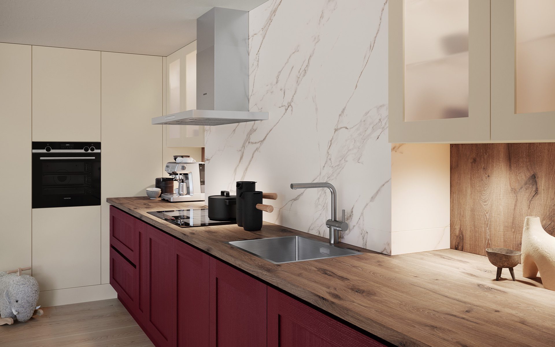 Cuisine-Chic-Hampton-Rouge-Bordeaux-Porto-Crème-Magnolie-Mur-Marbre