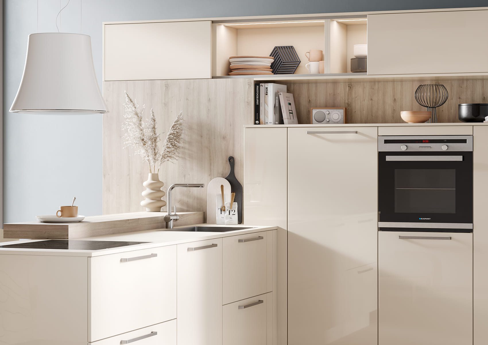 Cuisine-en-L-bois-clair-compacte-collecton-concept-130-LASER BRILLANT-crème-magnolia