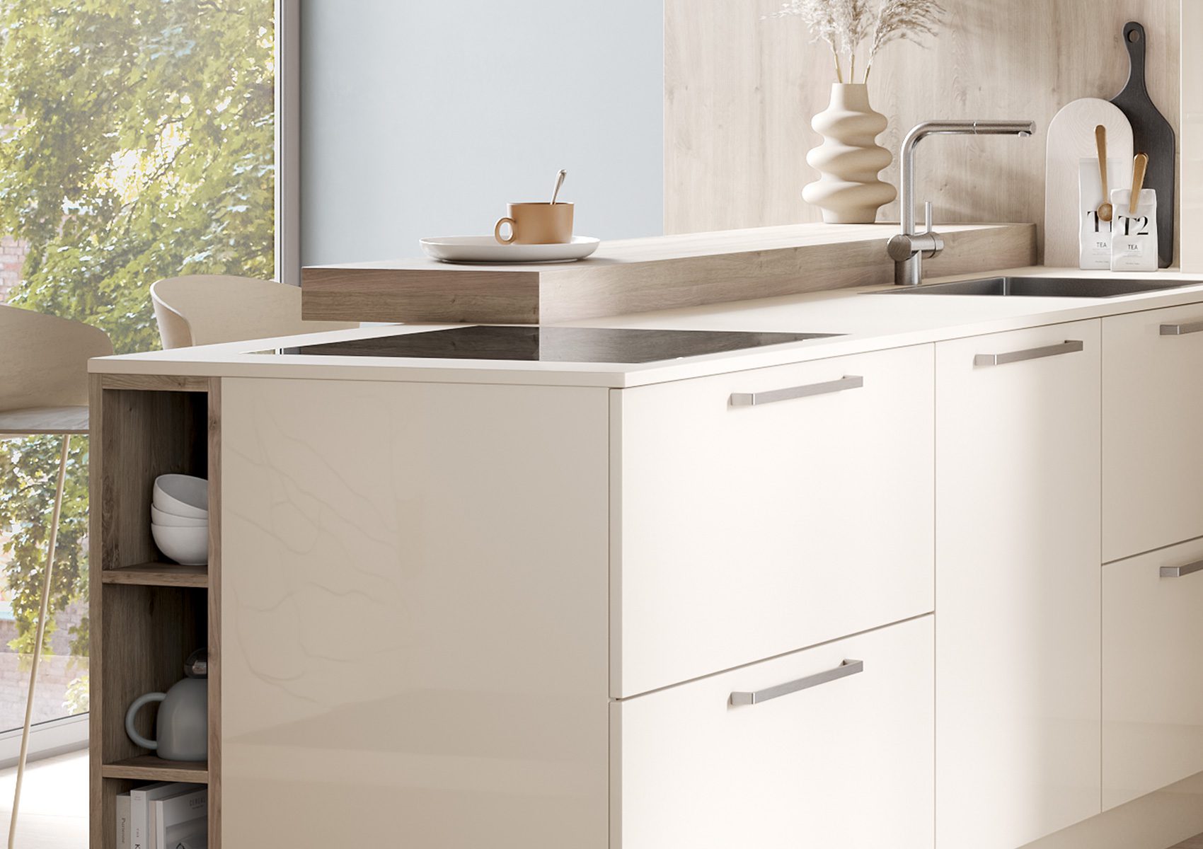 Cuisine-en-L-crème-compacte-coin-repas-collecton-concept-130-LASER BRILLANT-crème-magnolia