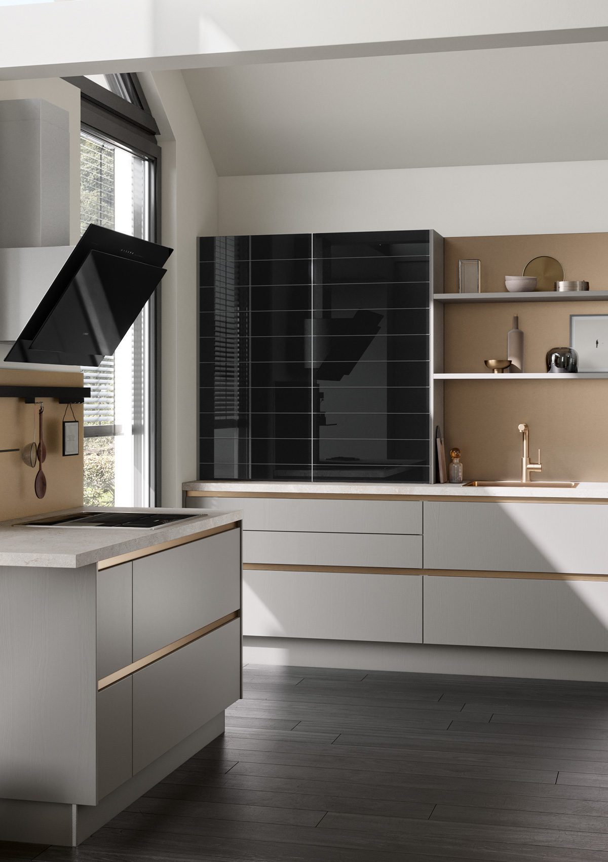 Cuisine-moderne-sans-poignée-collection-concept-130-cuisine-privee-CALGARY-GL-chêne-velouté-greige
