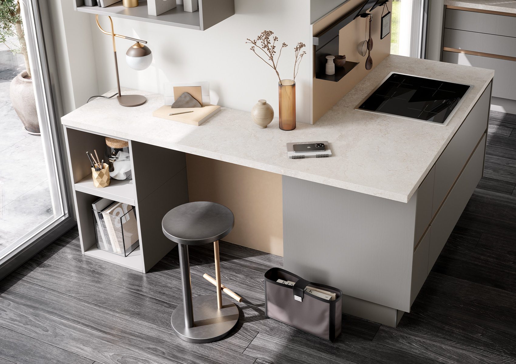 Cuisine-moderne-coin-travail-collection-concept-130-cuisine-privee-CALGARY-GL-chêne-velouté-greige
