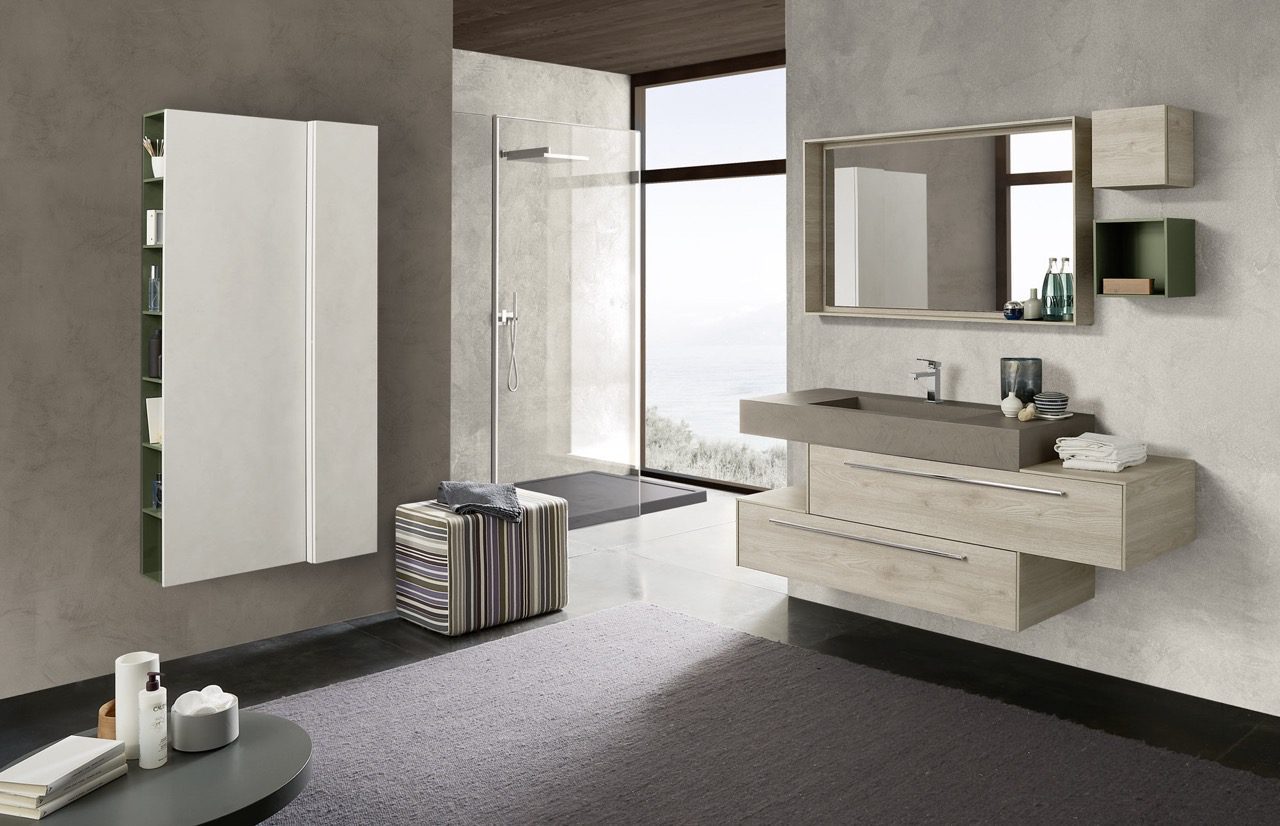 Salle-de-Bain-chic-avec-Vasque-Intégrée-Scivolo-style-minimaliste-couleurs-bois-et-meubles-suspendu Large