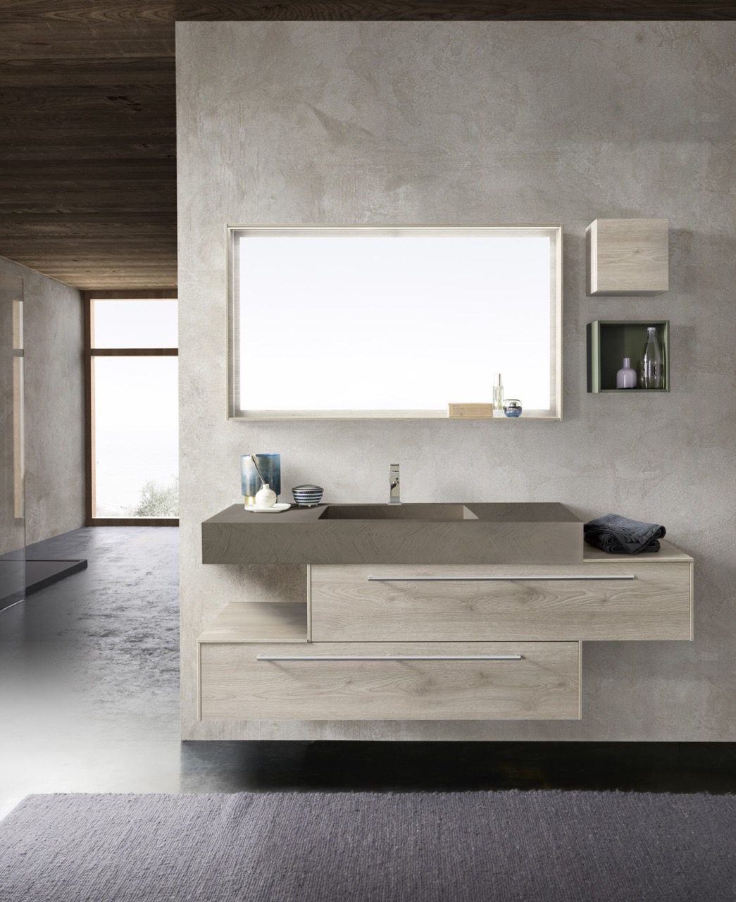 Salle-de-Bain-chic-avec-Vasque-Intégrée-style-minimaliste-couleurs-bois-et-meubles-suspendu Large
