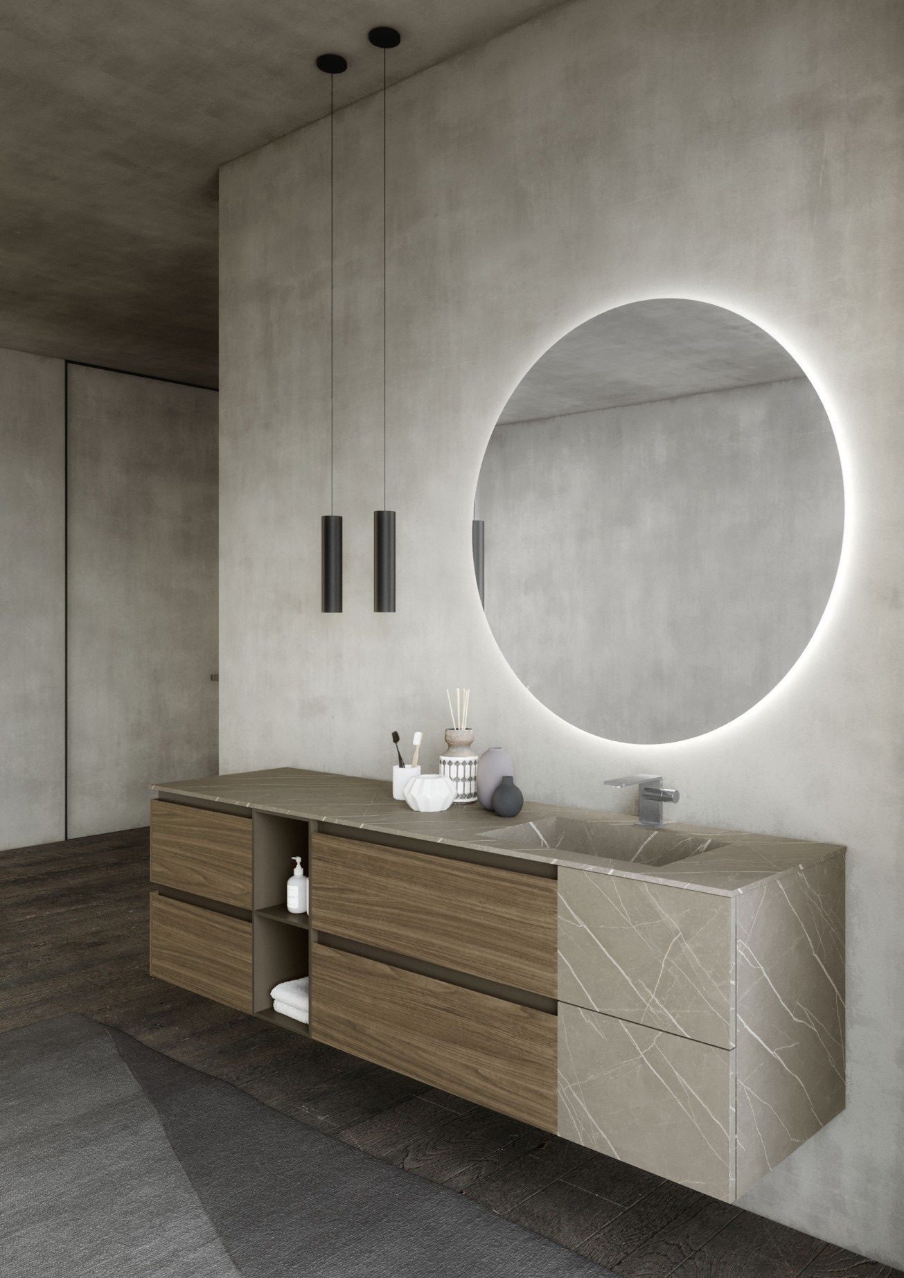 salle-de-bain-de-luxe-miroir-loop-rétro-éclairé-base-stratifiés-unicolor-pulpis