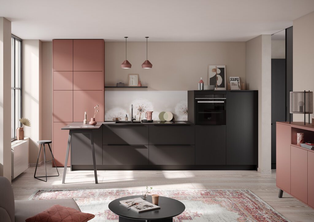 Cuisine En L Moderne Collection Concept 130 Credence Kuchen Art Calgary Chene Velours Noir Et Scala
