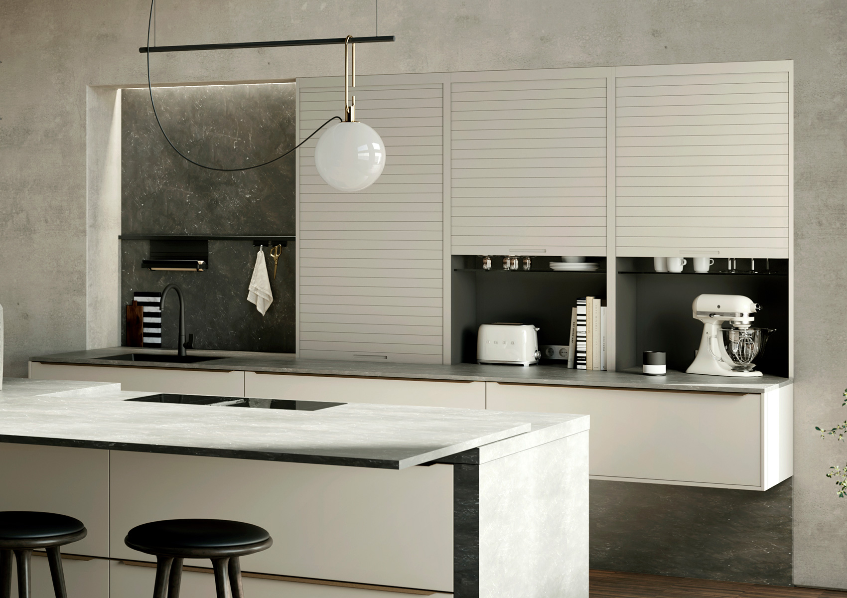 Cuisine_AV5015_Sable_beige_métallisé_ouverte_moderne_KüchenArt