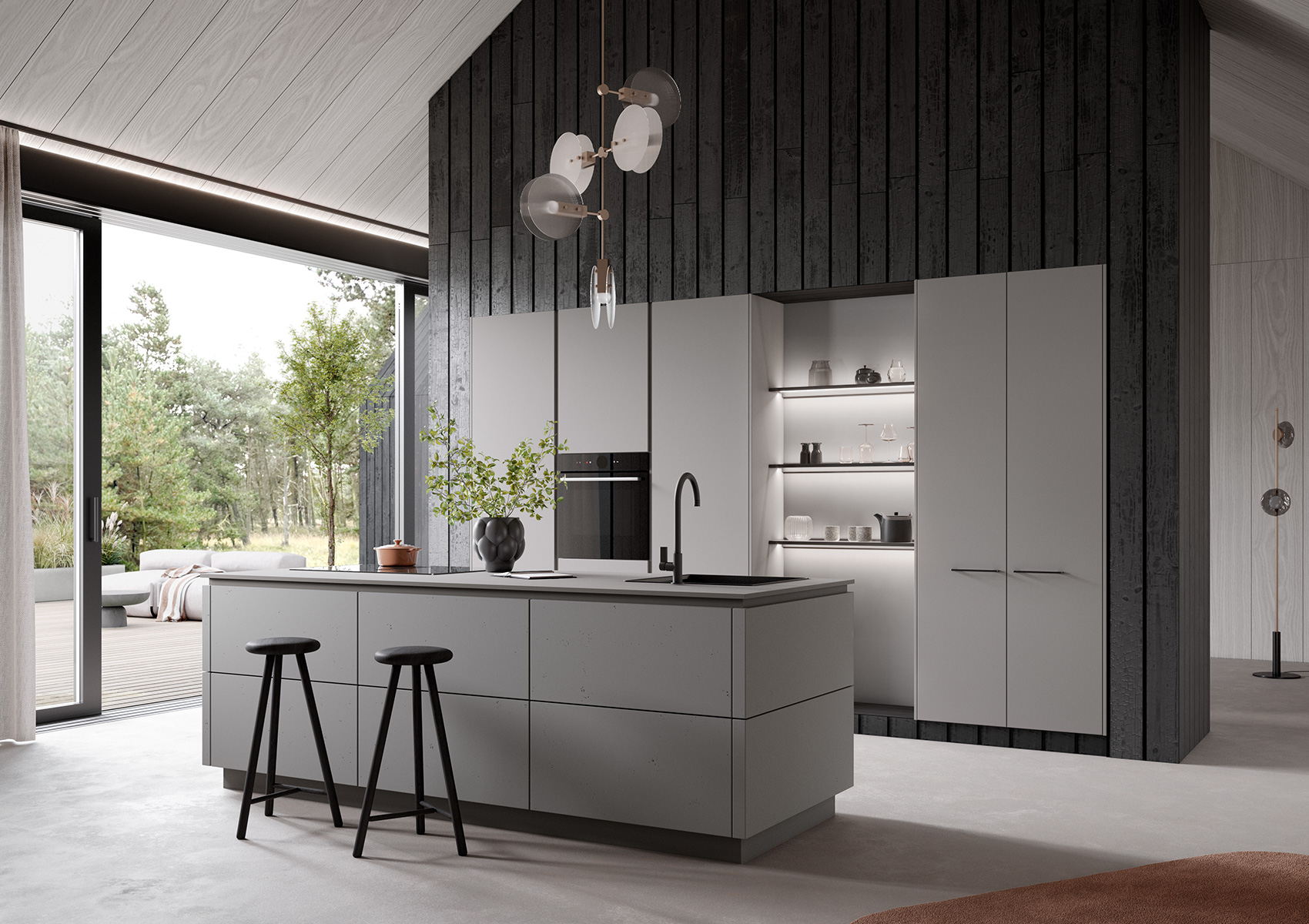 Cuisine_grise_avec_colonne_ilot_central_aspect_beton_kuchen_art