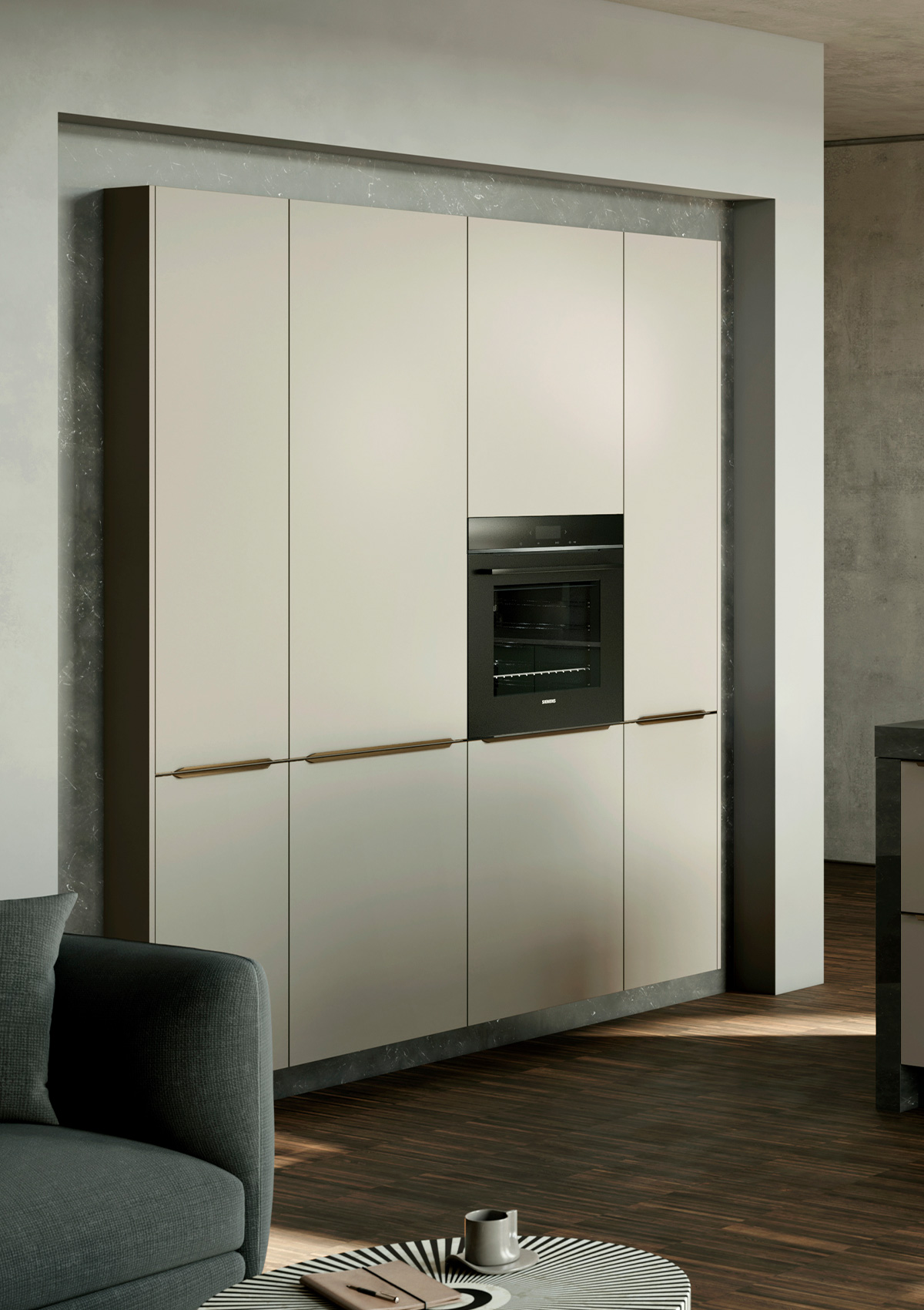 Cuisine_modulaire_AV5015_Sable_beige_ouverte_métallisée_KüchenArt